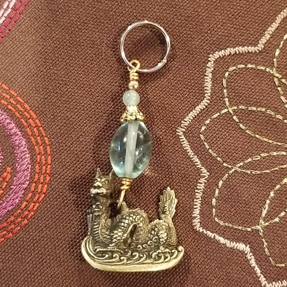 Brass DRAGON Keychain Dangle Calcite, Jade